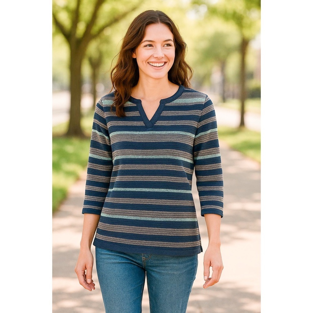 Orvis Womens V Neck Striped Cotton Knit Top 7/8 Sleeve Loose Fit Navy Gray S